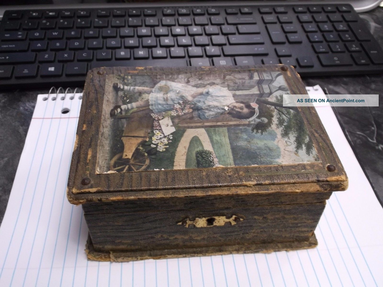 Antique Childs Childrens Sewing Box With Mirror Compartments Tray Buttons Spools Baskets & Boxes photo