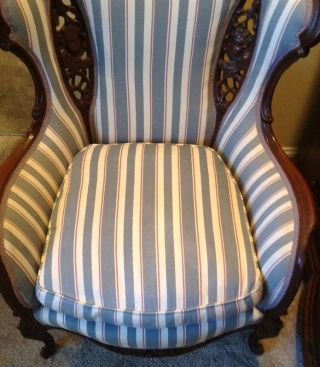 Antique 1940 ' S Wingback Chair Carved With Cherubs And Lovebirds photo