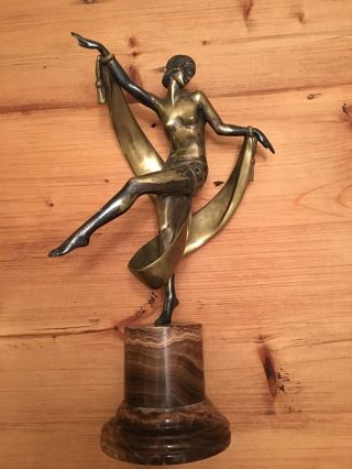 French Art Deco Silvered Bronze Sculpture Dancing Flapper Girl 1920s photo