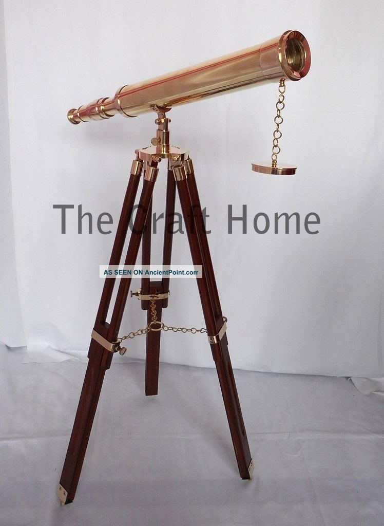 Designers Nautical Brass Telescope With Wooden Tripod - Decorative Marine Gift Telescopes photo
