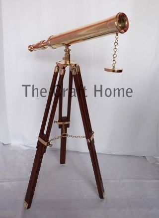 Designers Nautical Brass Telescope With Wooden Tripod - Decorative Marine Gift photo