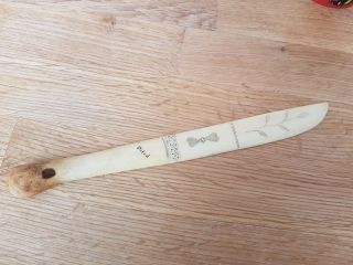 Antique Primitive Letter Knife With Scrimshaw Hand Carved From Reindeer Bone photo