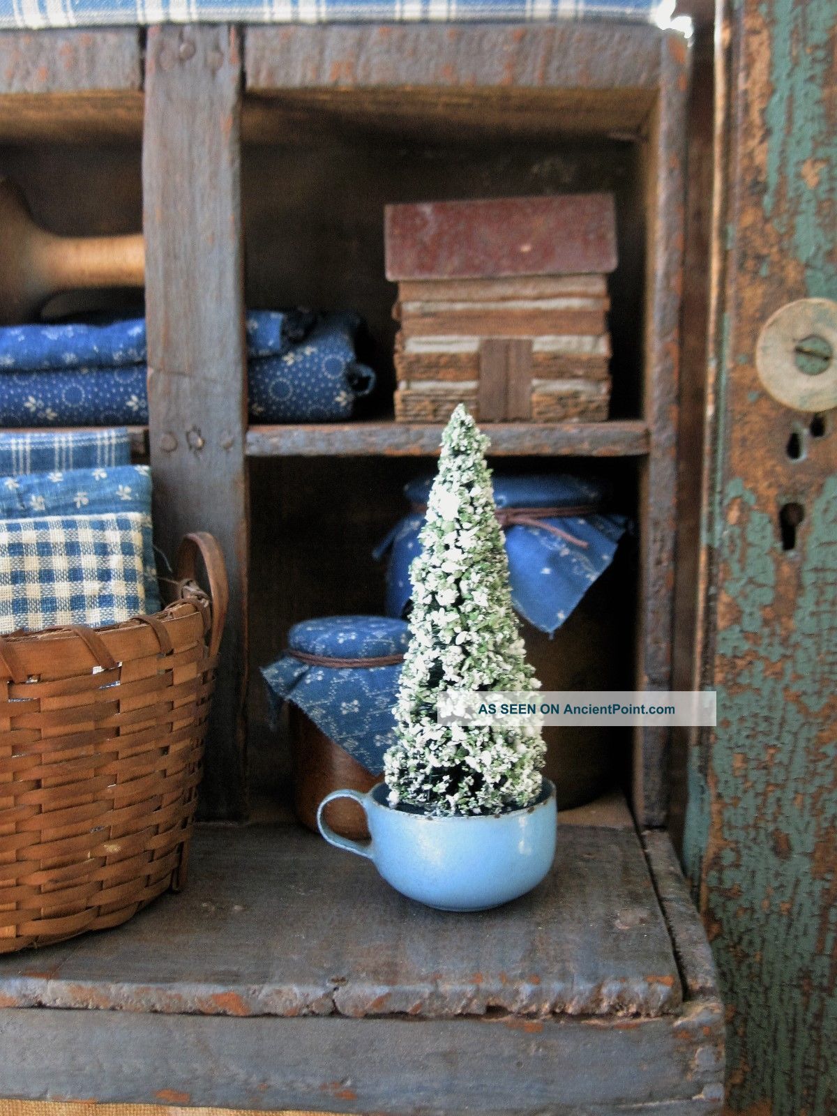 Tiny Early Antique Blue Enamelware Doll Cup With Bottle Brush Christmas Tree Primitives photo