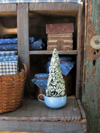 Tiny Early Antique Blue Enamelware Doll Cup With Bottle Brush Christmas Tree photo