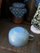 Tiny Early Antique Blue Enamelware Doll Cup With Bottle Brush Christmas Tree Primitives photo 3