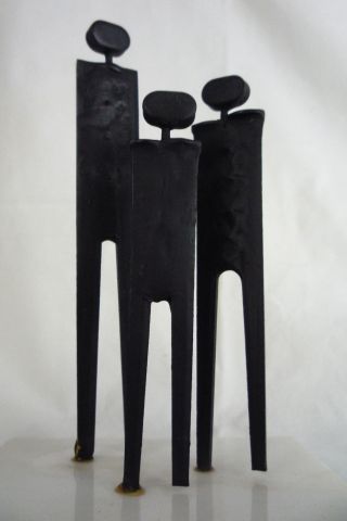 Vintage Mid Century Brutalist Metal Sculpture - 3 People On Marble Base - 6 