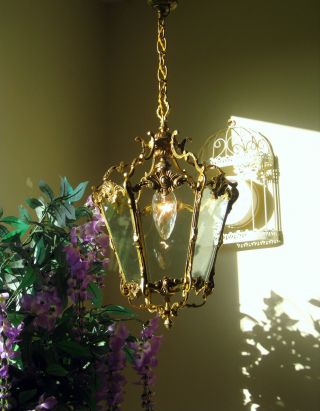 Pretty Ornate French Vintage Brass 6 Panel Glass Chandelier Hall Lantern Light photo
