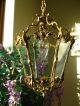 Pretty Ornate French Vintage Brass 6 Panel Glass Chandelier Hall Lantern Light Chandeliers, Fixtures, Sconces photo 4