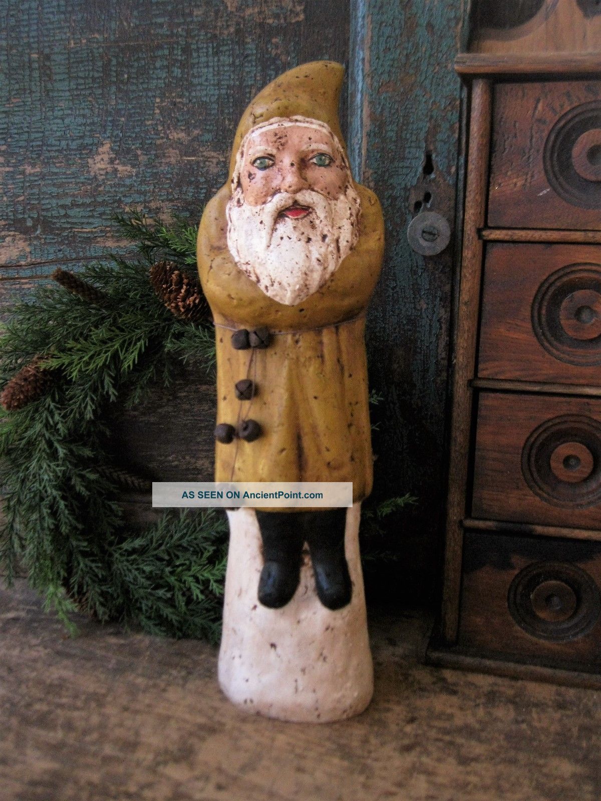 Large Papier Mache Belsnickle Santa Mustard Milk Paint Primitives photo