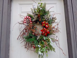 Winter,  Christmas,  Holiday Candy Cane,  Floral Door Wreath,  Wreaths photo