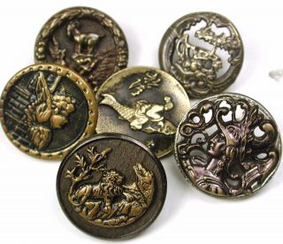 6 Antique Brass Buttons Various Pictorial Designs - 9/16 To 11/16 