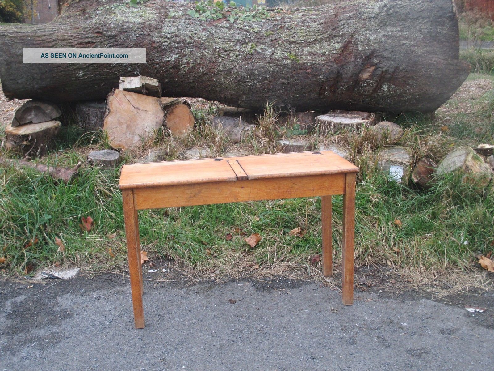 1950s Retro Adult Kids Old Double Twin Vintage Wooden School Lift Up Desk Table, 1900-1950 photo