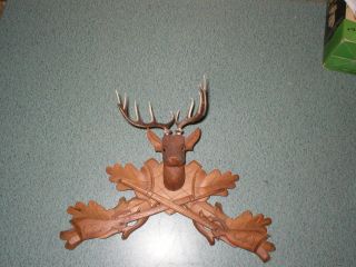 Vtg Hand Carved Wooden Wood Deer Head Bust Musket Rifle Oak Leaf Cuckoo Clock photo