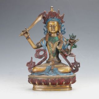 Antique Brass Color Painted Hand - Carved Tibetan Buddhism Statue - Manjushri photo