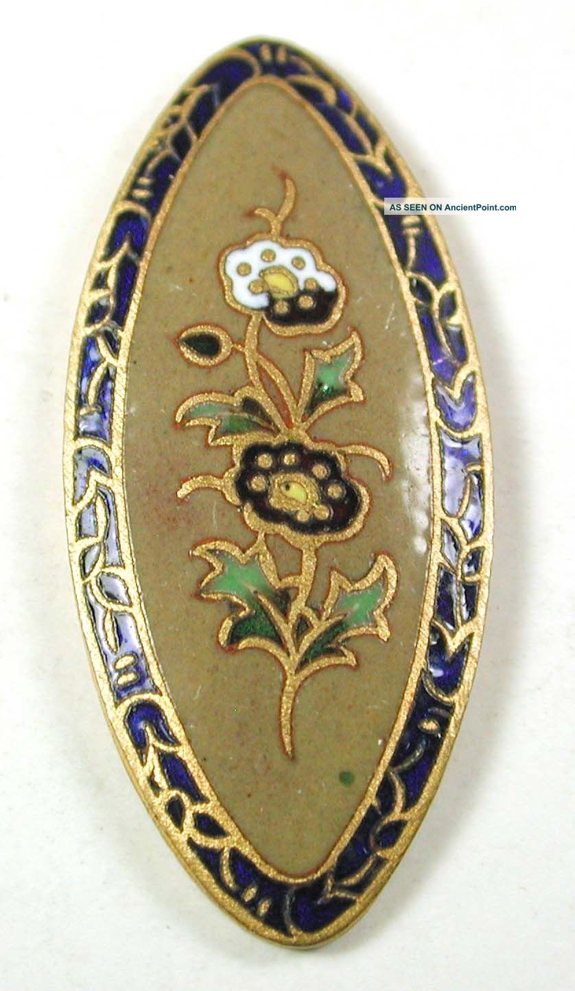 Antique French Enamel Spindle Button Champleve Flower Cobalt Border - 1 & 3/16 