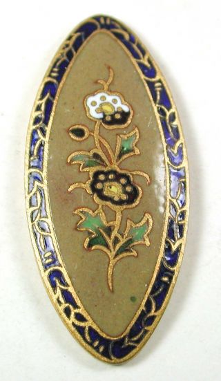 Antique French Enamel Spindle Button Champleve Flower Cobalt Border - 1 & 3/16 