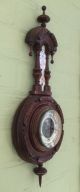 Antique Victorian Carved Walnut Barometer & Thermometer,  Porcelain Dial,  1880s,  Old Other Antique Science Equip photo 11
