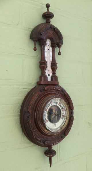 Antique Victorian Carved Walnut Barometer & Thermometer,  Porcelain Dial,  1880s,  Old photo