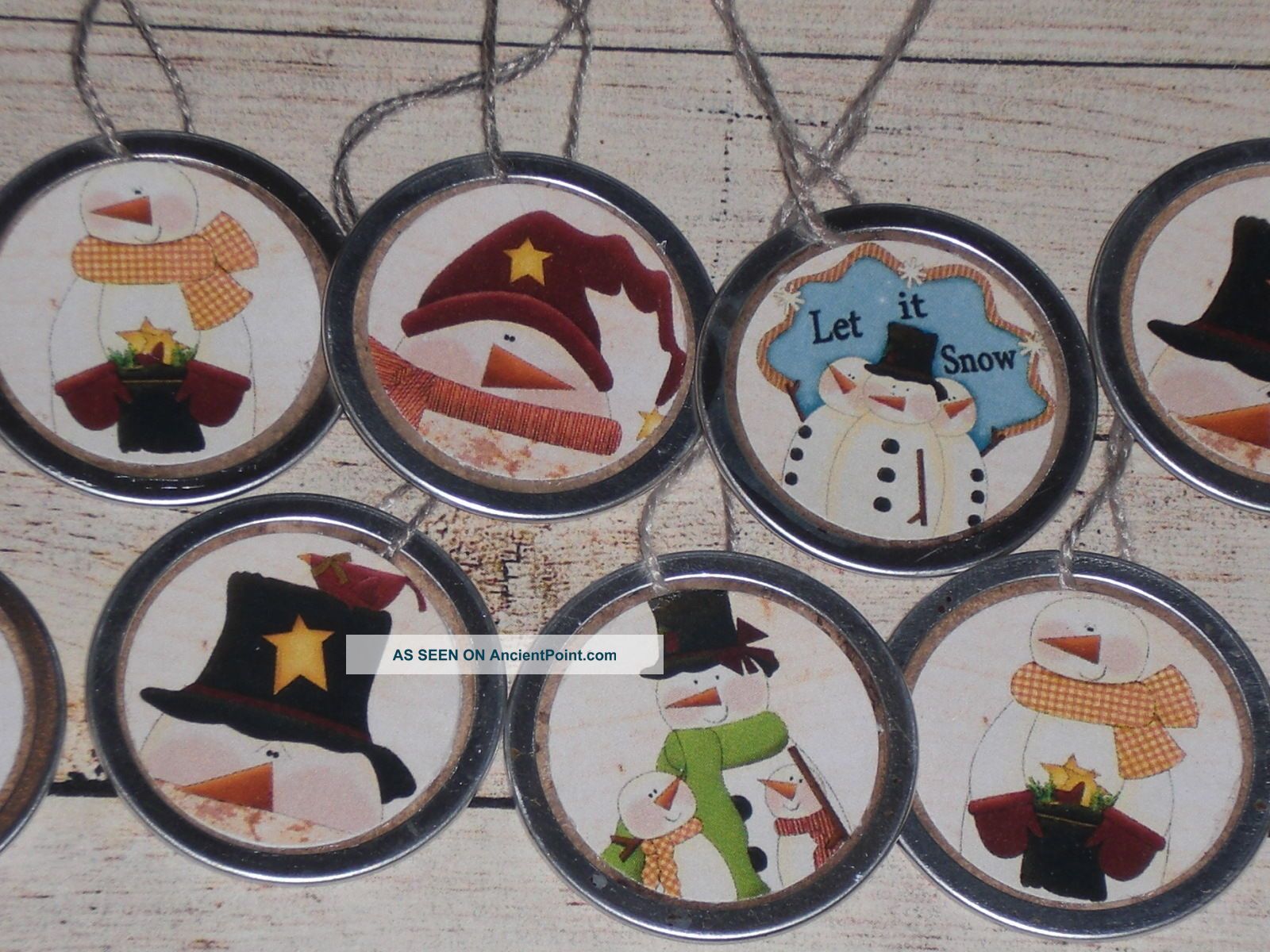 10 Primitive Assorted Santa Penguin Snowman Elf Metal Rim Hang Tags Gift Ties