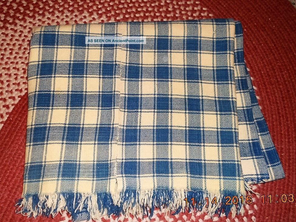 18th Century Wool Blanket W Blue Plaid Pattern Early Center Seam & Fringe Primitives photo