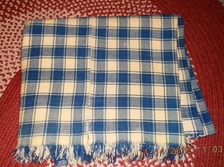 18th Century Wool Blanket W Blue Plaid Pattern Early Center Seam & Fringe photo