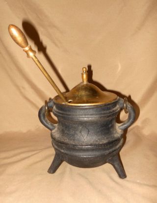 Cast Iron Vintage Fireplace Fire Starter Oil Pot With Brass Lid,  Handle & Wand. photo