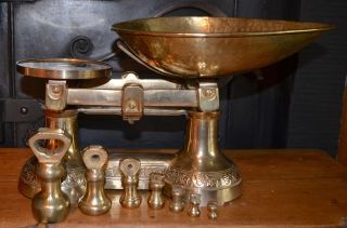 Very Rare Vintage English C1900 Totally All Brass Kitchen Scales 7 Bell Weights photo