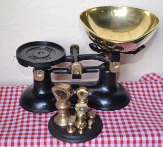 Vintage English Victor Black Kitchen Scales 7 Brass Bell Weights On Stand photo