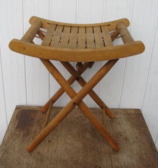 Vintage 1950s Folding Slat Solid Wood Camp Stool Stand Yugoslavia Nevco photo