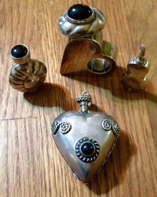 Mexico Sterling Silver 925 Perfume Bottles 106.  9g - Hearts,  Violin,  Onyx Accents photo