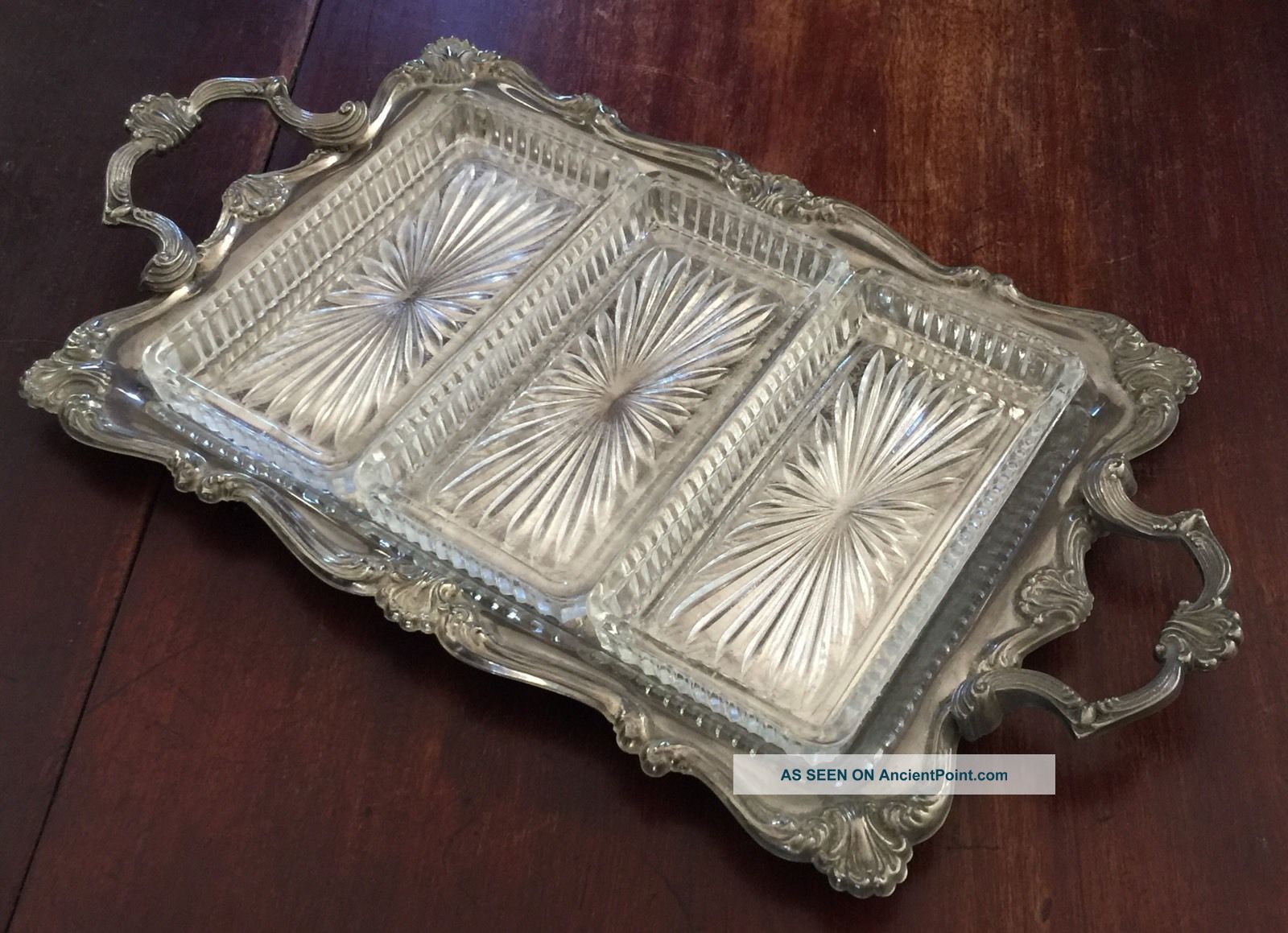 Vintage Silverplate Tray Rectangle Scroll Design Hong Kong 3 Glass Insert Trays Platters & Trays photo