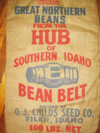 Vintage Antique Northern Beans Filer Idaho Childs Seed Co.  Burlap Bag Gunny Sack photo