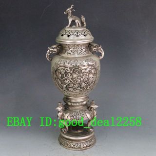 Chinese Hand Carved Silver Copper Louts Incense Burner W Foo Dog Lid photo