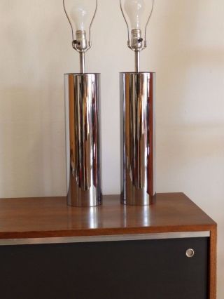 Pair Mid Century Modern Chrome Cylinder Table Desk Lamps Sonneman Von Nessen photo