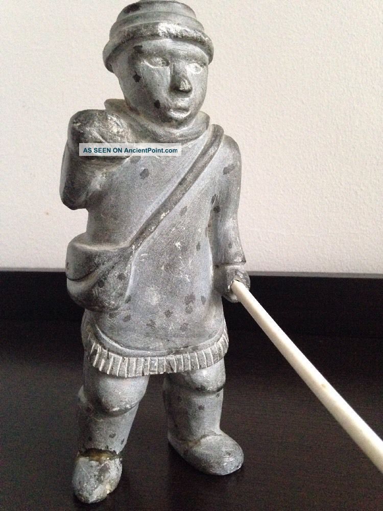 Inuit Hand Carved Soapstone Figure Of An Eskimo Holding A Spear - A/f Native American photo
