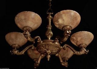 Ceiling Lamp Fixture Chandelier Solid Bronze & Real Alabaster 1920s 6 Lights photo