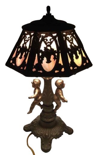 Antique Slag Glass Lamp 8 Panel Cupid Cherub Purple Ornate Table Metal Lamp photo