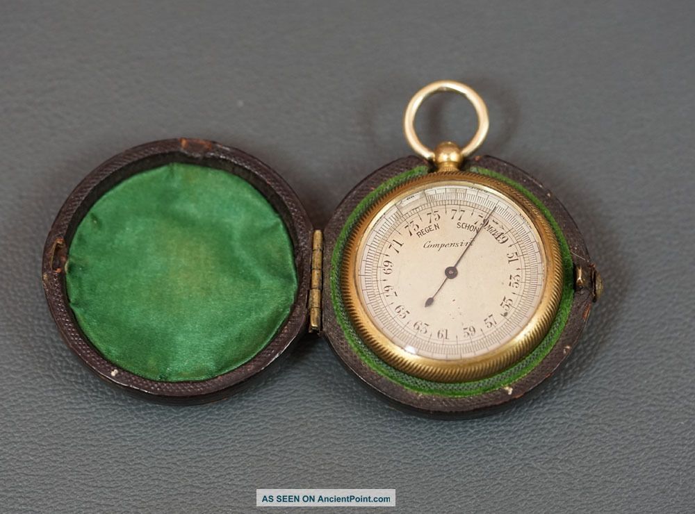 Victorian Antique German Military Aneroid Pocket Barometer Gild Brass W Case Barometers photo