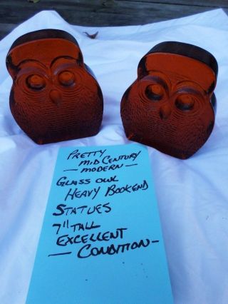 My Moms Mid Century Modern Glass Owl Bookends 1960s Orange Heavy Art Glass photo