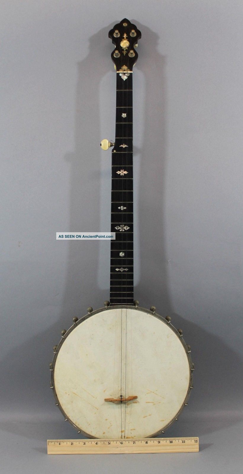 Antique Early - 20thc Mop Inlaid,  Washburn 5 - String Carved Neck Banjo,  Nr String photo