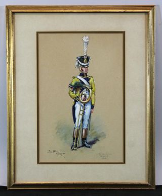 Antique Pierre Albert Leroux 1808 French Infantry Musician Watercolor Painting, photo