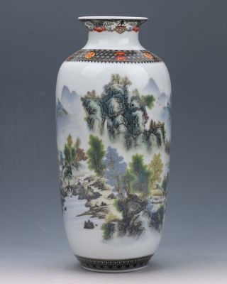 Chinese Famille Rose Porcelain Hand - Painted Landscape Painting Vase W Qianlong photo