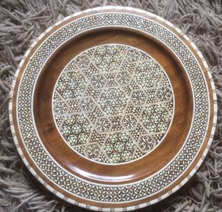 Vintage Egyptian Wooden Plate Marquetry With Inlaid Mother Of Pearl photo