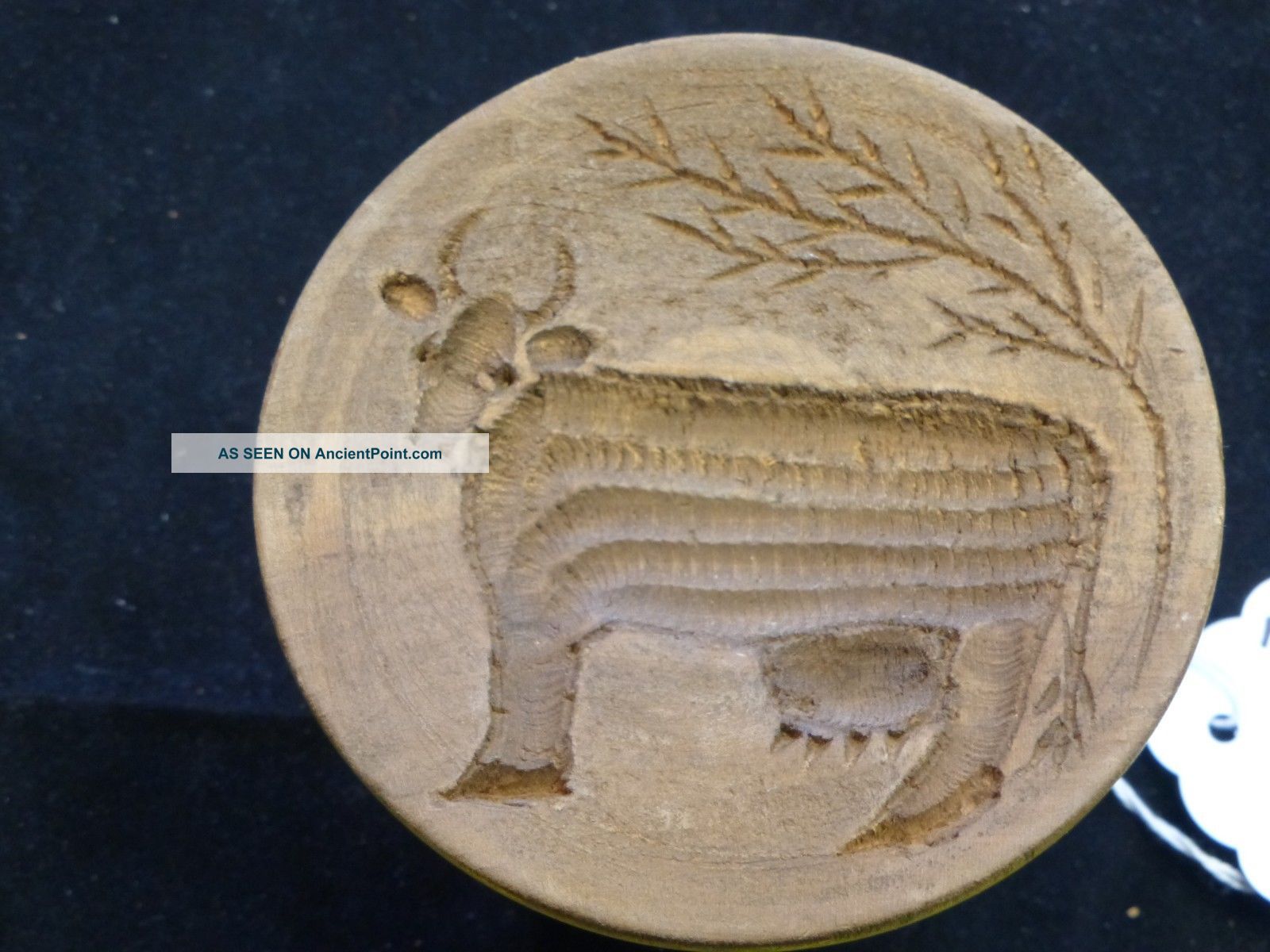 Primitive Wood Carved Cow & Tree Stamp Print Butter Mold Primitives photo