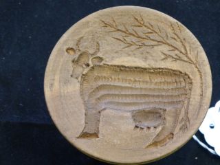 Primitive Wood Carved Cow & Tree Stamp Print Butter Mold photo