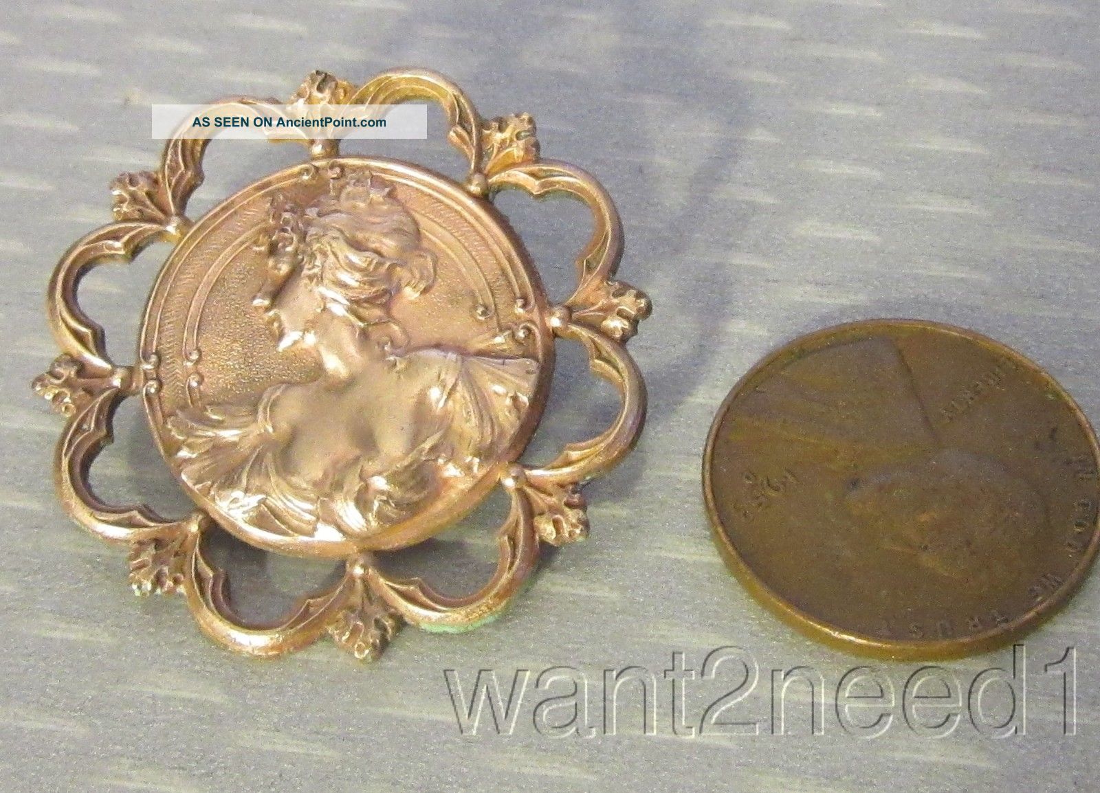 Antique French Brass Art Nouveau Lady Button 30mm Openwork Scallop Fleur Frame Buttons photo