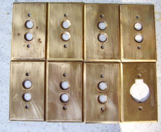 7 Brass Push Button Switch Covers Plates Plus 1 Receptacle Dated 1903 Perkins photo