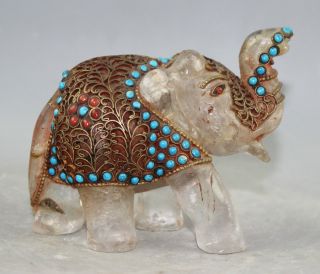 Chinese Crystal Mosaic Turquoise Copper Elephant Statue photo