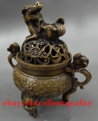 Chinese Buddhist Exquisite Dragon Lion Hollow - Out Censer Bronze Dog photo