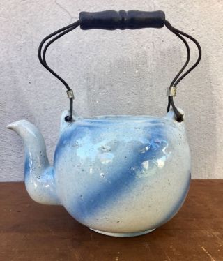Rare Antique Blue & White Salt Glaze Stone Ware Pottery Teapot Tea Kettle photo